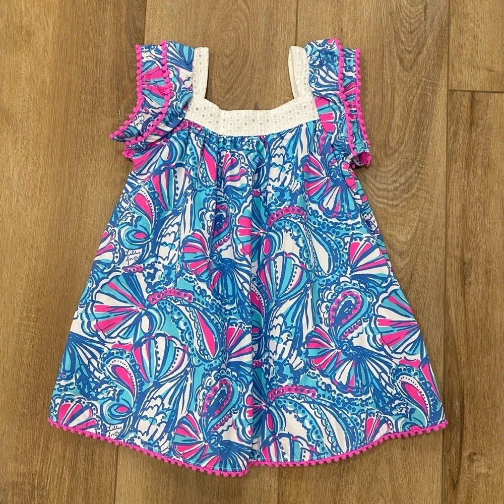 🌟LILLY PULITZER🌟 GIRLS FLORAL PRINT DRESS EYELET TRIM BLUE / PINK SZ 18M